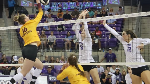 TCU Women's Volleyball in the match versus Minnesota on August 27, 2022